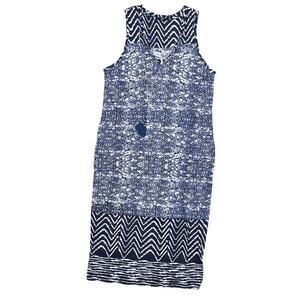 Lucky Brand Blue Geometric Shift Dress S Cotton Blend Knee Length V Neck